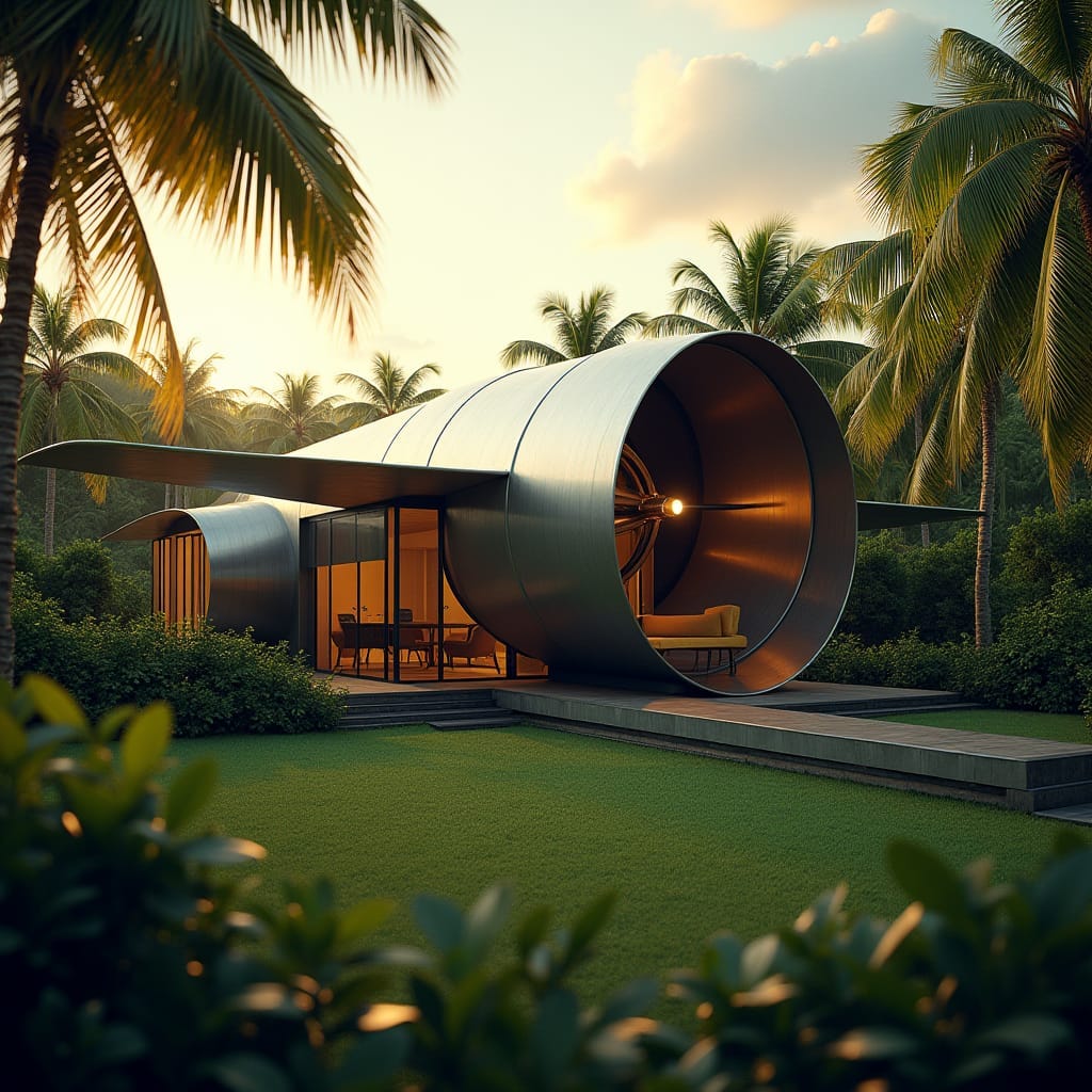 Modern Jamaican home with rustic wooden accents and vibrant island colors, shaped like a massive airplane engine, with propellers transformed into spinning wind turbines, set against a lush, misty mountain backdrop.