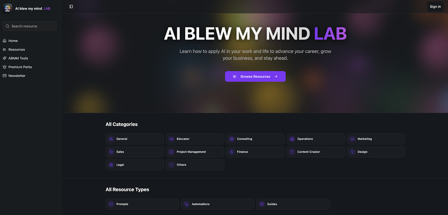 AI Blew My Mind LAB platform showing resource categories for 12 roles including consulting, marketing, sales, and design, with prompts, automations, and guides.