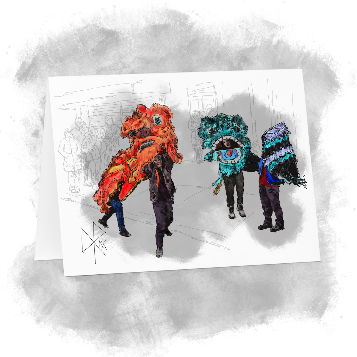 Four people performing as two dancing Chinese lions on Chinese New Year. The orange lion leaps gracefully while the blue one is sort of tangled around the rear dancer. Sketch art by Don Rice. Four people performing as two dancing Chinese lions on Chinese New Year. The orange lion leaps gracefully while the blue one is sort of tangled around the rear dancer. Sketch art by Don Rice.