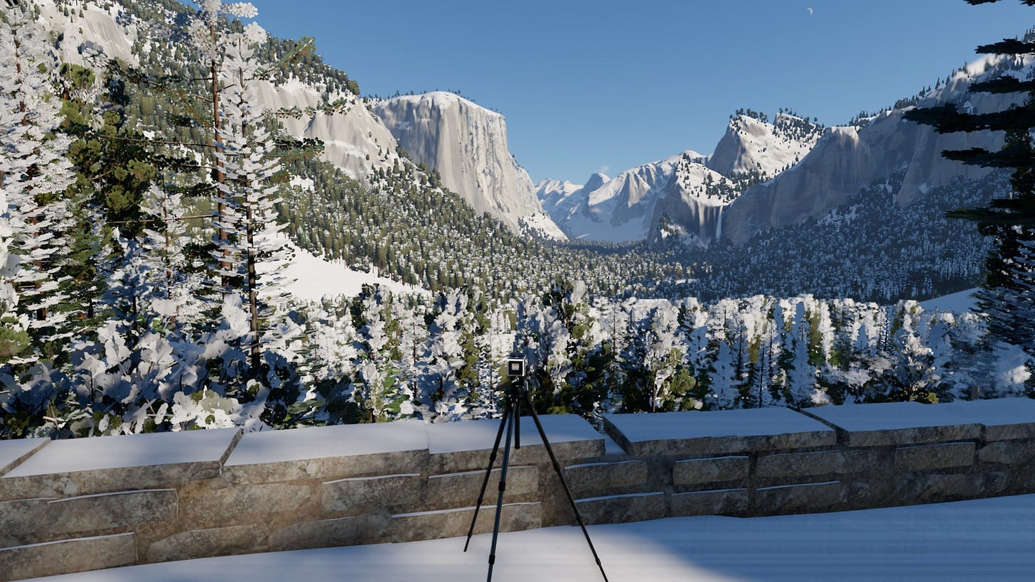 Tunnel View after a January snow in the simulator: snow on the trees and rims, El Capitan in low winter sun, the tripod at the snowy wall. Tunnel View after a January snow in the simulator: snow on the trees and rims, El Capitan in low winter sun, the tripod at the snowy wall.