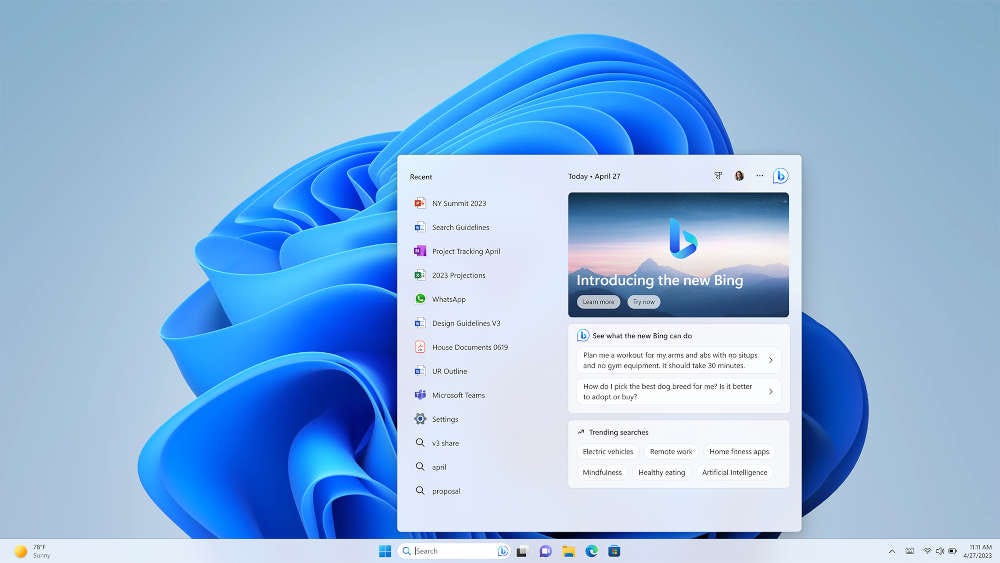 A screenshot of a Windows 11 desktop screen showing the new Bing search bar A screenshot of a Windows 11 desktop screen showing the new Bing search bar