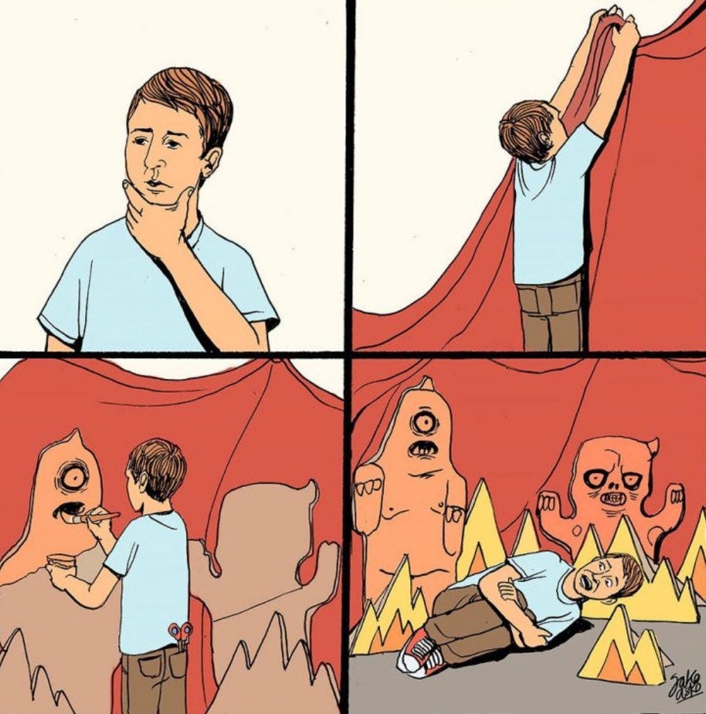 guy hanging a red sheet and making fake demons and painting cardboard monsters and fire then laying down afraid on the ground of the hell he has created guy hanging a red sheet and making fake demons and painting cardboard monsters and fire then laying down afraid on the ground of the hell he has created