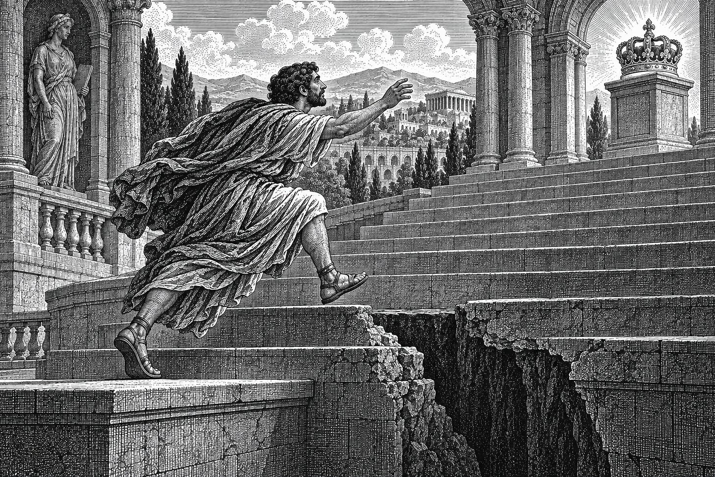 A man pursuing a crown overlooks a broken staircase