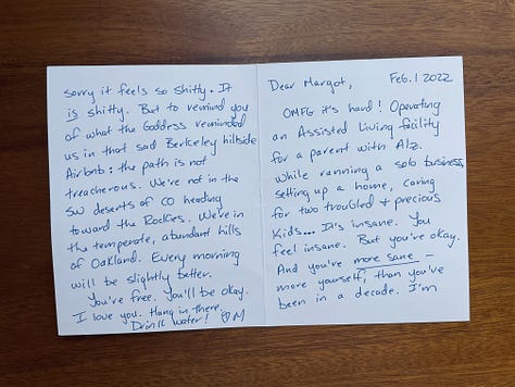 Images of a greeting card's front and back and a letter from Margot to herself inside