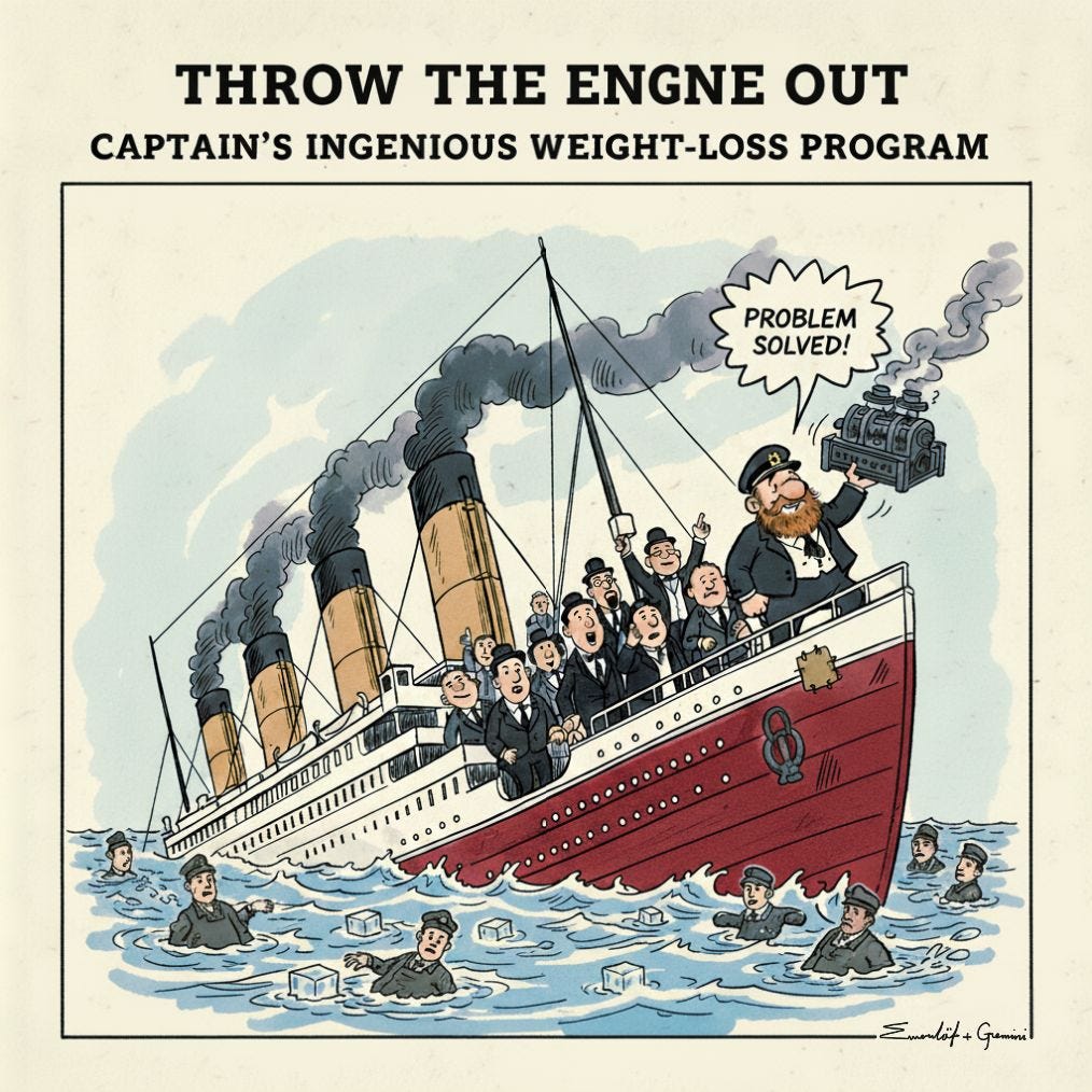 A cartoon in the style of new york times. At the center of the image there is a ship. Aboard the ship, there are multiple people with suits and ties. The end of the ship is under the water while the front of it is still above the water. The people in suits are all at the part of the boat which is still above the water.
The captain has the ship's engine in his hand as if he is going to throw it into the water. The captain has a calm and happy face as if he has solved a problem.