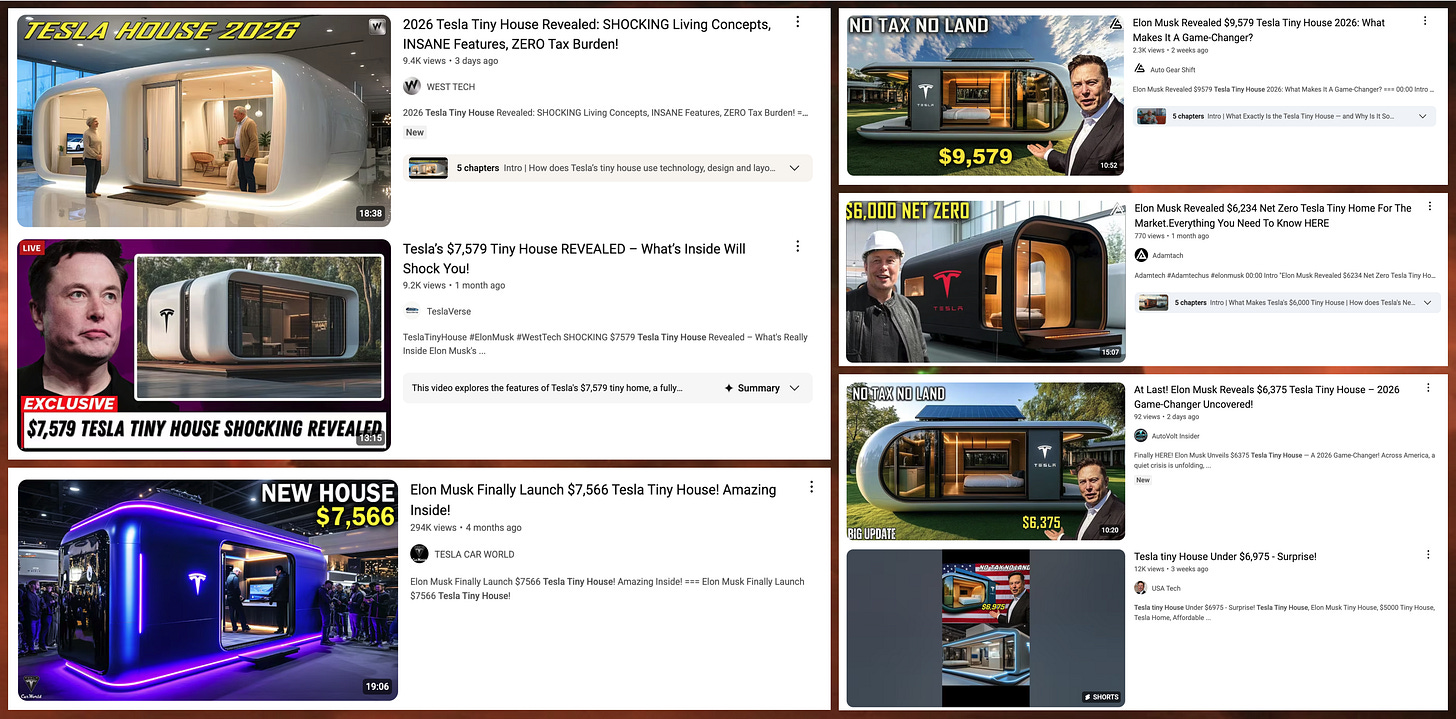 collage of 7 YouTube posts featuring an alleged Tesla Tiny House collage of 7 YouTube posts featuring an alleged Tesla Tiny House