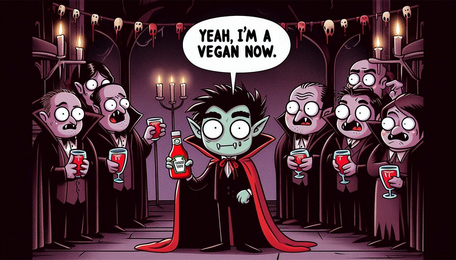 Cartoon illustration: Vampire standing among other vampires, holding a bottle of ketchup. The vampire casually says, "Yeah, I’m a vegan now." The others look shocked and confused. The background has spooky gothic elements, with vampires holding glasses of blood, dark lighting, and eerie decorations.