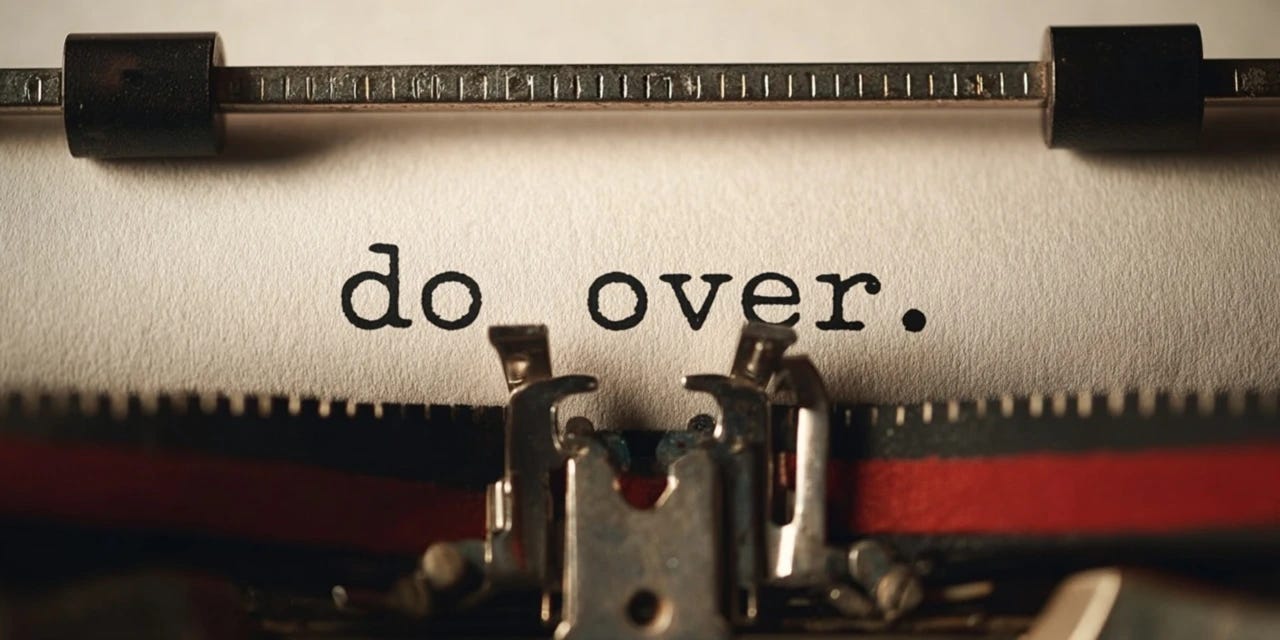 Close-up of a typewriter with the words 'do over.' typed on the page in black ink.