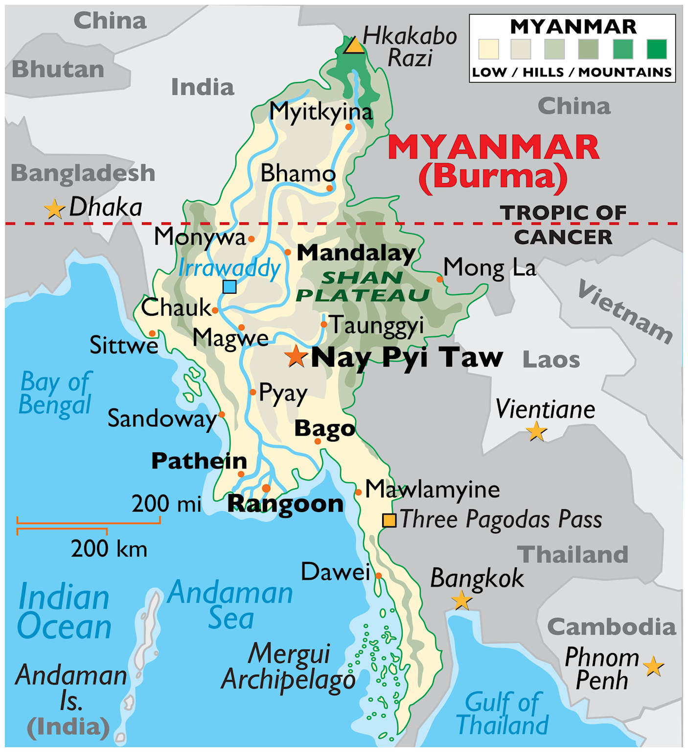 Map of Myanmar and surrounding countries highlighting cities, terrain, and geographic features relevant to the Myanmar and Cambodia border region