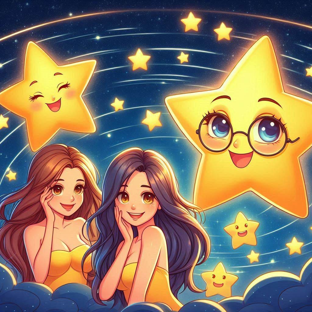 Three pretty female stars surround a big bright male star in the night sky. There is a small star with glasses in the distance. Cartoon. Funny.