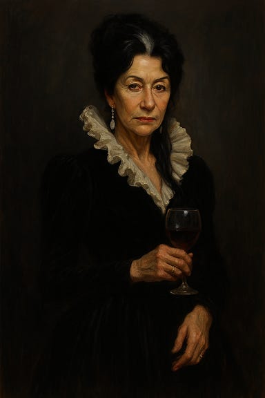 Lady Fiona Wachter, visually inspired by Helen Mirren but with black hair and a white streak, stands in the parlor of Wachterhaus. She wears a midnight-blue gown with a ruffled collar resembling a viper’s hood, and silver earrings that glint like secrets. Her posture is regal and commanding, with one hand resting on a glass of deep red wine. The background features faded velvet drapes, a fireplace with low embers, and portraits that seem to watch from the walls. The atmosphere is gothic, theatrical, and charged with quiet menace.