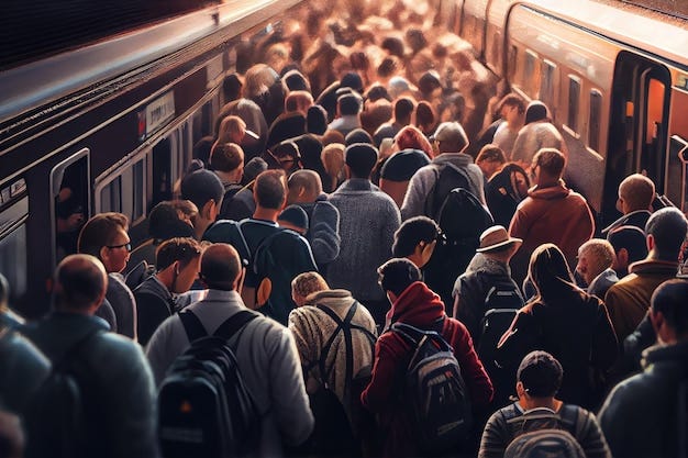 Crowded train station with people rushing to get on the last available train  | Premium AI-generated image