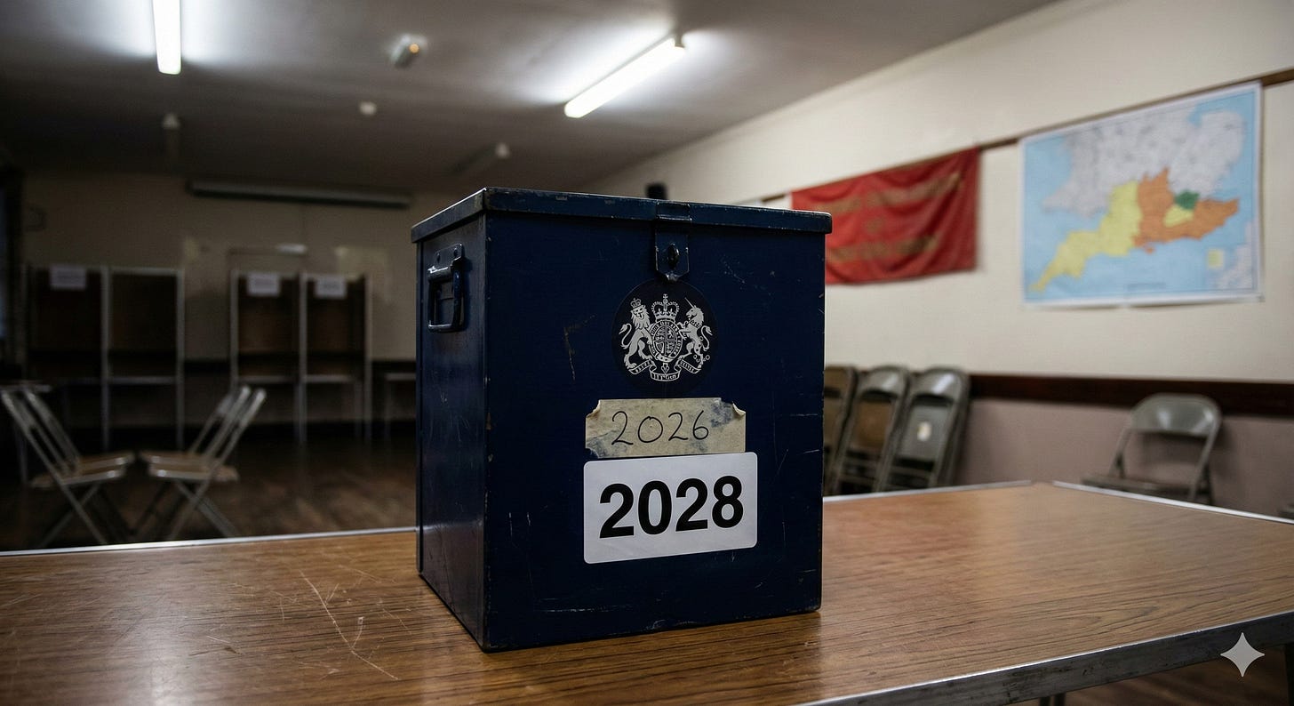 UK ballot box showing 2026 crossed out and replaced with 2028 in empty polling station, illustrating government postponement of mayoral elections in Essex, Hampshire, Sussex and Norfolk affecting 4.2 million voters