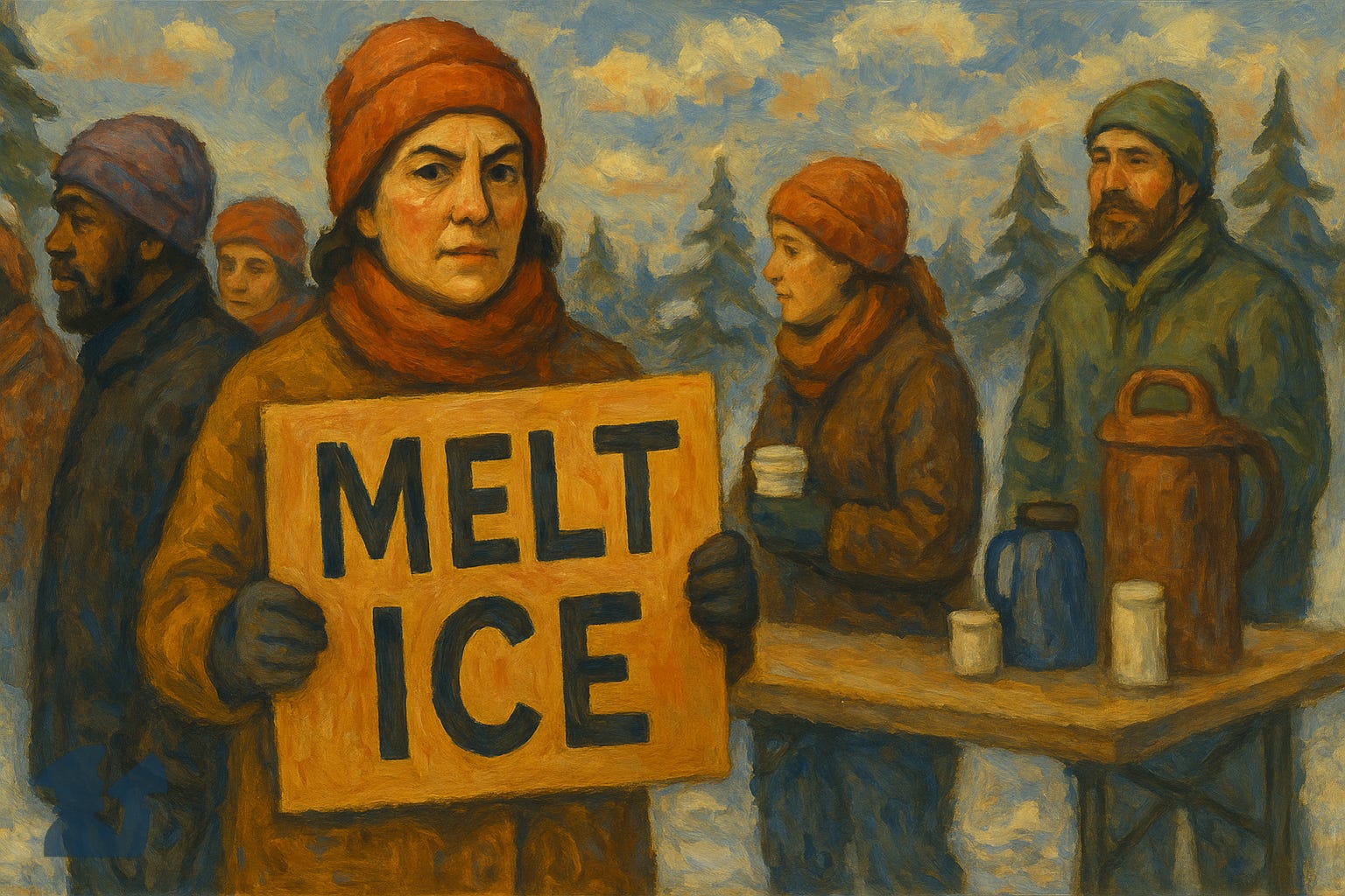 Illustration of winter protesters holding Melt ICE signs