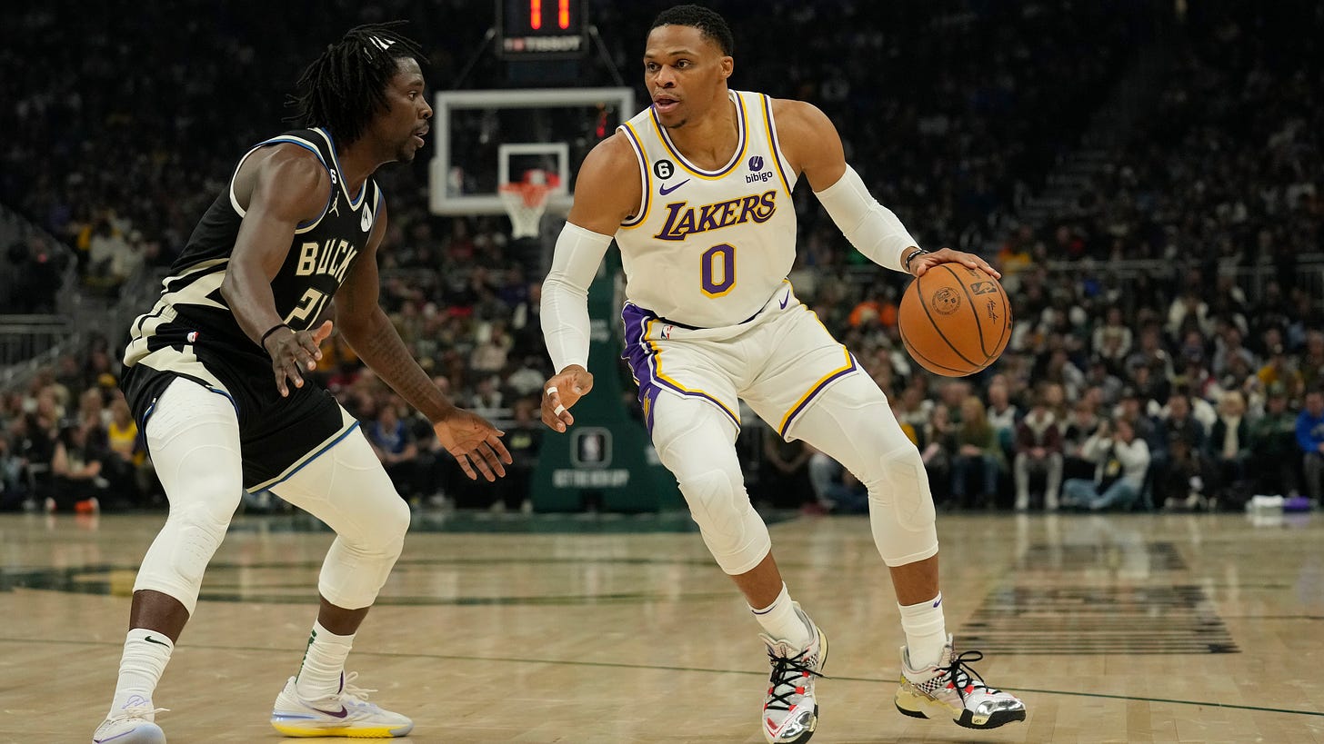 Russell Westbrook dribbles the ball