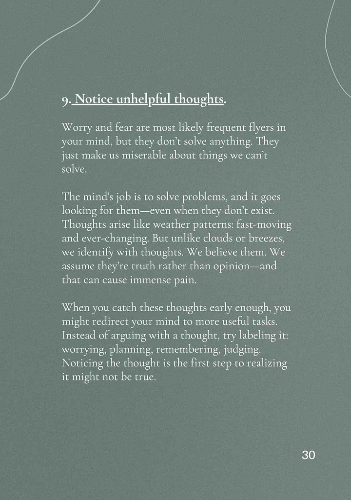 Two hunter-green pages with white font. On the first is text about noticing unhelpful thoughts. On the right is an exercise to help people notice unhelpfujl thoughts.