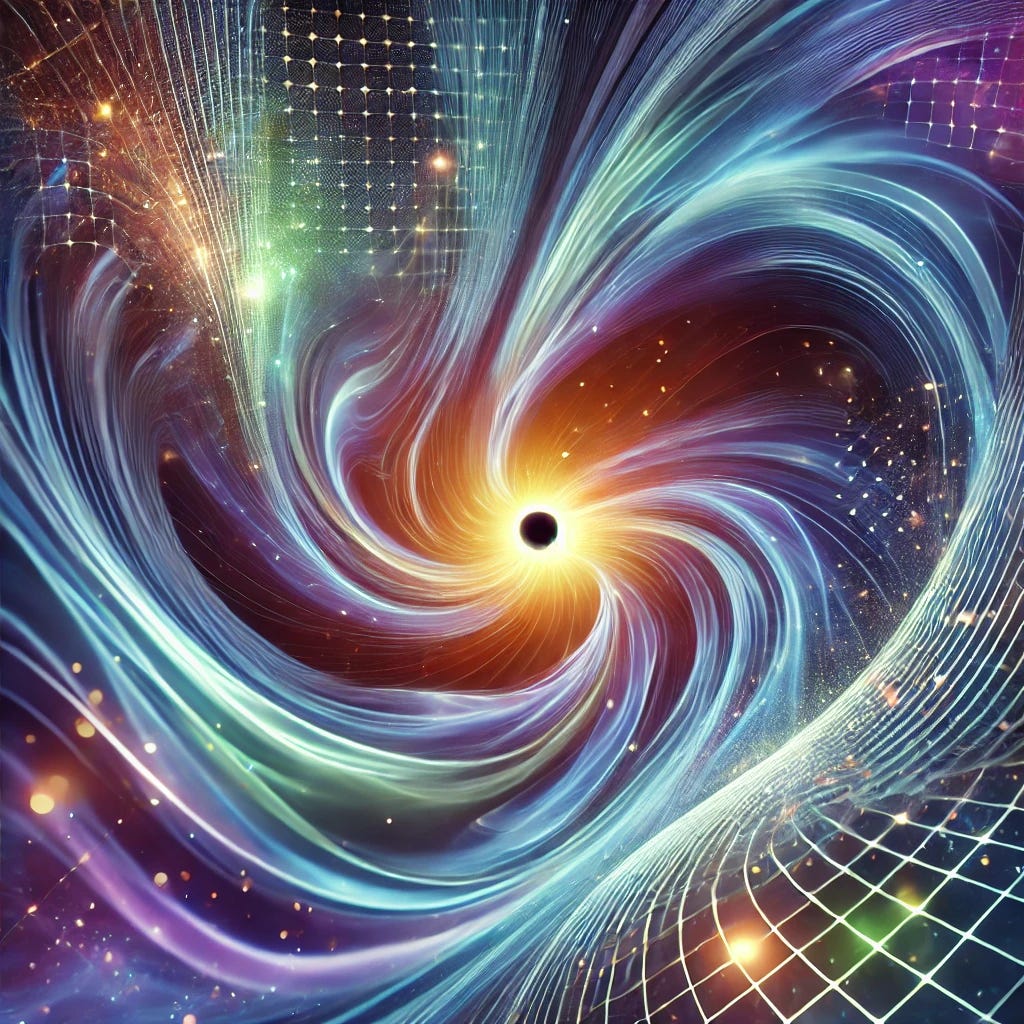 An abstract cosmic scene visualizing the Theory of Magnetivity. Show a swirling space-time fabric with magnetic field lines gracefully curving through it, creating a sense of motion and depth. At the center, a bright, stylized black hole or galactic core emitting magnetic energy that intertwines with cosmic particles and waves. Use deep blues, purples, and flashes of neon green and gold to enhance the mysterious and scientific feel. Subtle grid lines and wave patterns should represent the connection between magnetism, space-time, and quantum fields. The overall style should be modern, ethereal, and visionary, inviting viewers to explore a new perspective on the universe. An abstract cosmic scene visualizing the Theory of Magnetivity. Show a swirling space-time fabric with magnetic field lines gracefully curving through it, creating a sense of motion and depth. At the center, a bright, stylized black hole or galactic core emitting magnetic energy that intertwines with cosmic particles and waves. Use deep blues, purples, and flashes of neon green and gold to enhance the mysterious and scientific feel. Subtle grid lines and wave patterns should represent the connection between magnetism, space-time, and quantum fields. The overall style should be modern, ethereal, and visionary, inviting viewers to explore a new perspective on the universe.