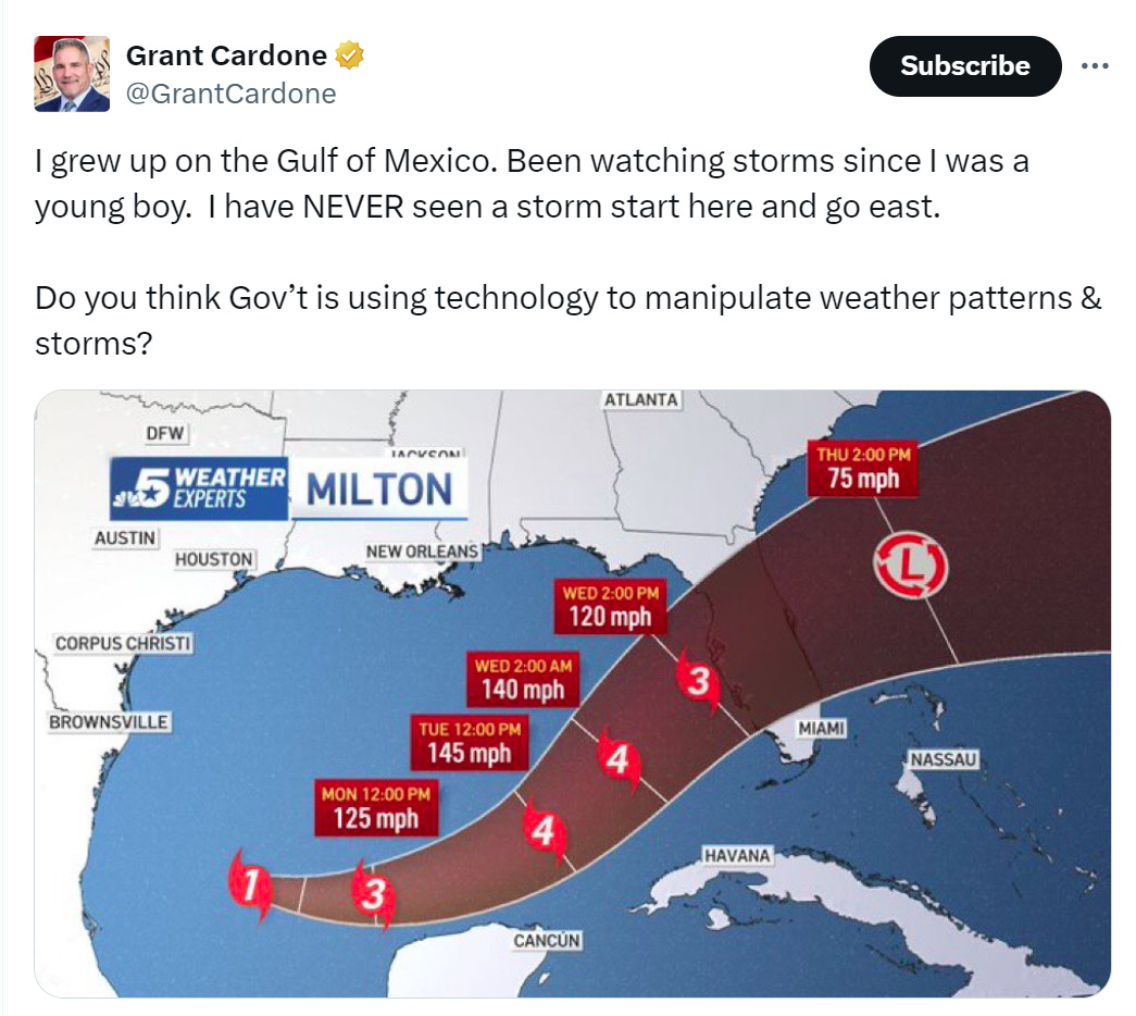 Cardone: “I grew up on the Gulf of Mexico. Been watching storms since I was a young boy. I have NEVER seen a storm start here and go east. Do you think Gov’t is using technology to manipulate weather patterns & storms?” Cardone: “I grew up on the Gulf of Mexico. Been watching storms since I was a young boy. I have NEVER seen a storm start here and go east. Do you think Gov’t is using technology to manipulate weather patterns & storms?”