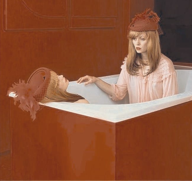 A surrealist art photograph by Anja Niemi featuring two identical women in red hats and light dresses in a minimalist red room with a white bathtub; a visual metaphor for the internal shifts of truth-telling discussed by Danusia Malina-Derben.