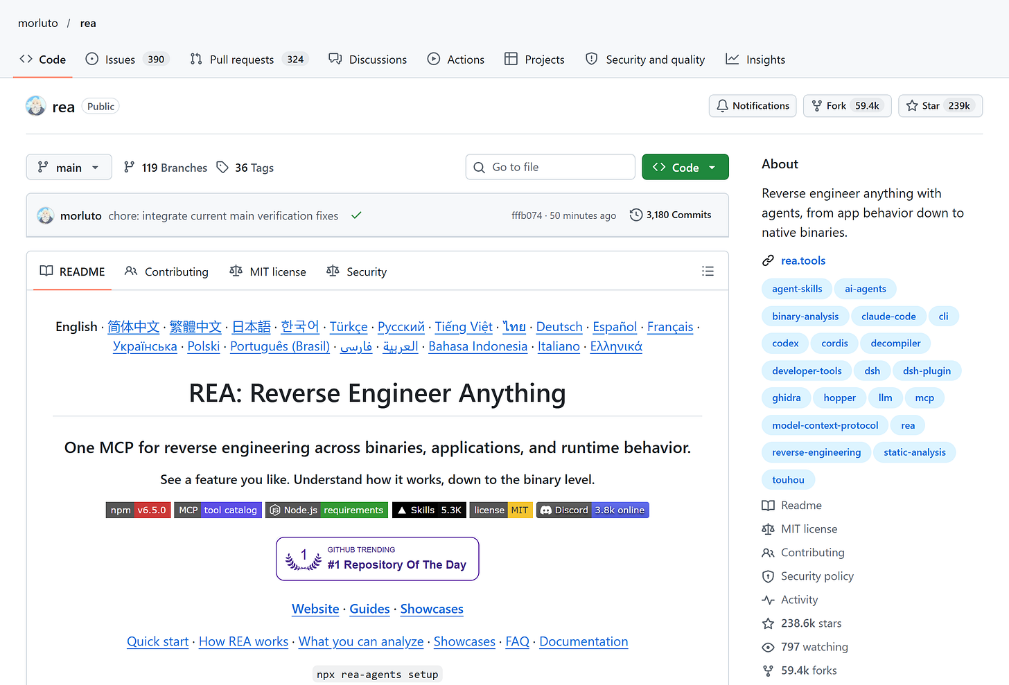 Schermafbeelding van de GitHub-pagina van REA, Reverse Engineer Anything, met het aantal sterren rechtsboven Schermafbeelding van de GitHub-pagina van REA, Reverse Engineer Anything, met het aantal sterren rechtsboven