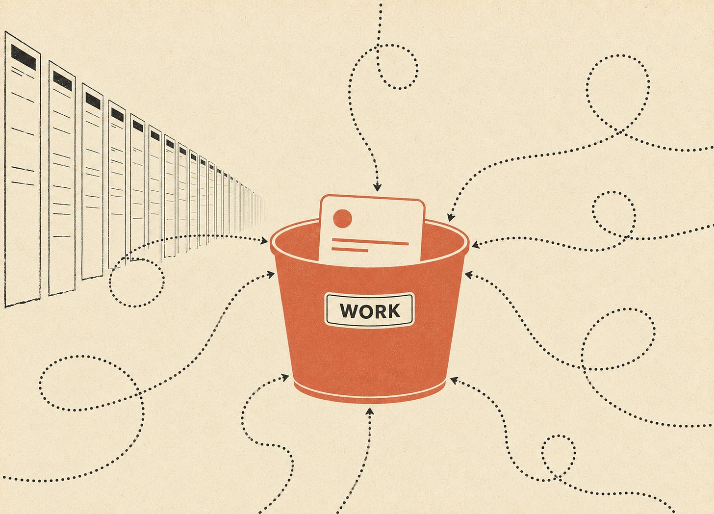 Flat mid-century illustration: a single card in one central bucket with many looping paths passing through it, beside a receding row of empty columns. Flat mid-century illustration: a single card in one central bucket with many looping paths passing through it, beside a receding row of empty columns.