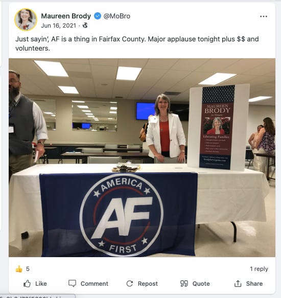 Image courtest of:

https://twitter.com/AnonCommieStan/status/1575534476293246982

Follow the link for more information on extremist Maureen Brody and associations to Fuentes..

Additionally her son Joseph Brody has been arrested/charged for his role in January 6th, one charge for assaulting a police officer. 