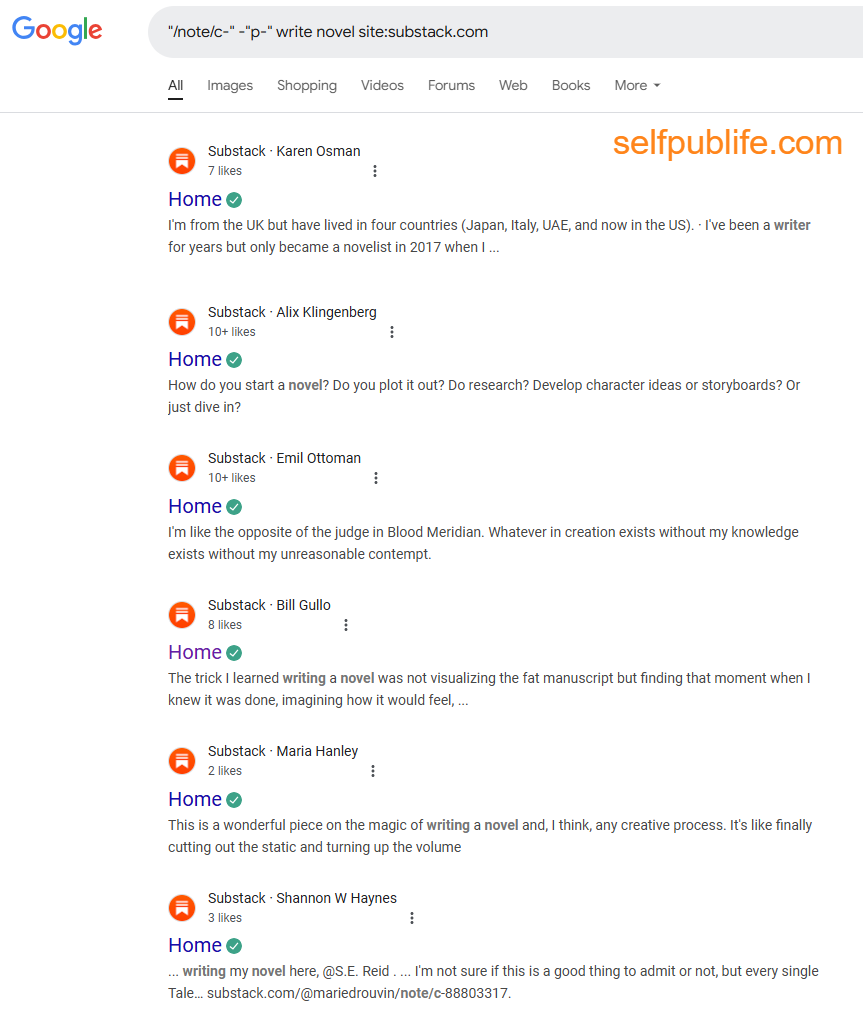 Screenshot of Google results page with search for Substack Notes discussing novel writing. Screenshot of Google results page with search for Substack Notes discussing novel writing.