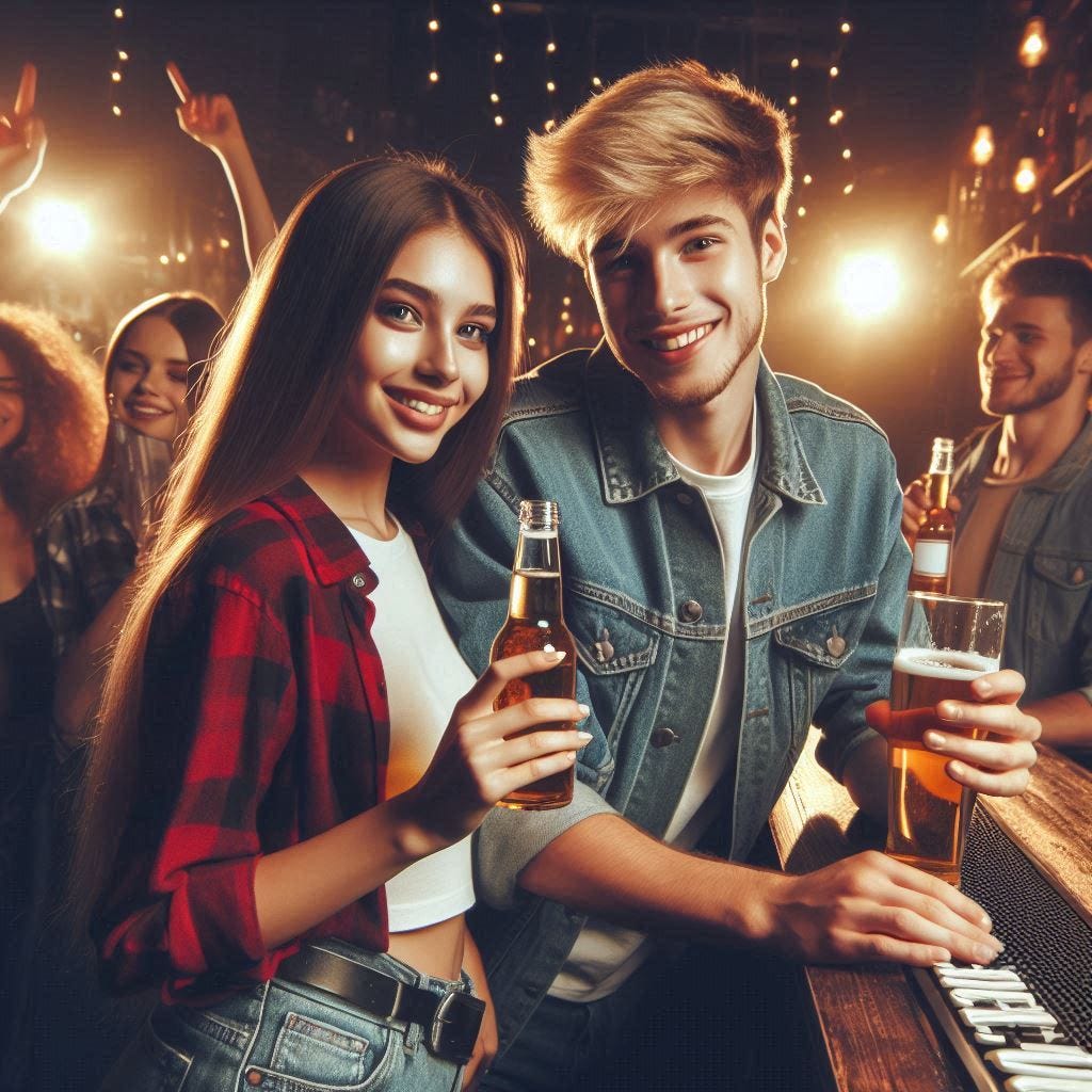 photorealistic, a happy young teenage Russian couple inside a Russian club both drinking beers while standing at the bar, other dancers are drinking beer