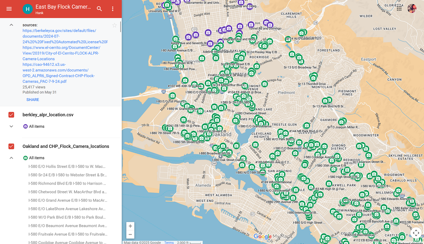 Screenshot of an interactive Google Map of ALPR locations created by a community member based on address information gleaned from city documents. (Source: Google) Screenshot of an interactive Google Map of ALPR locations created by a community member based on address information gleaned from city documents. (Source: Google)