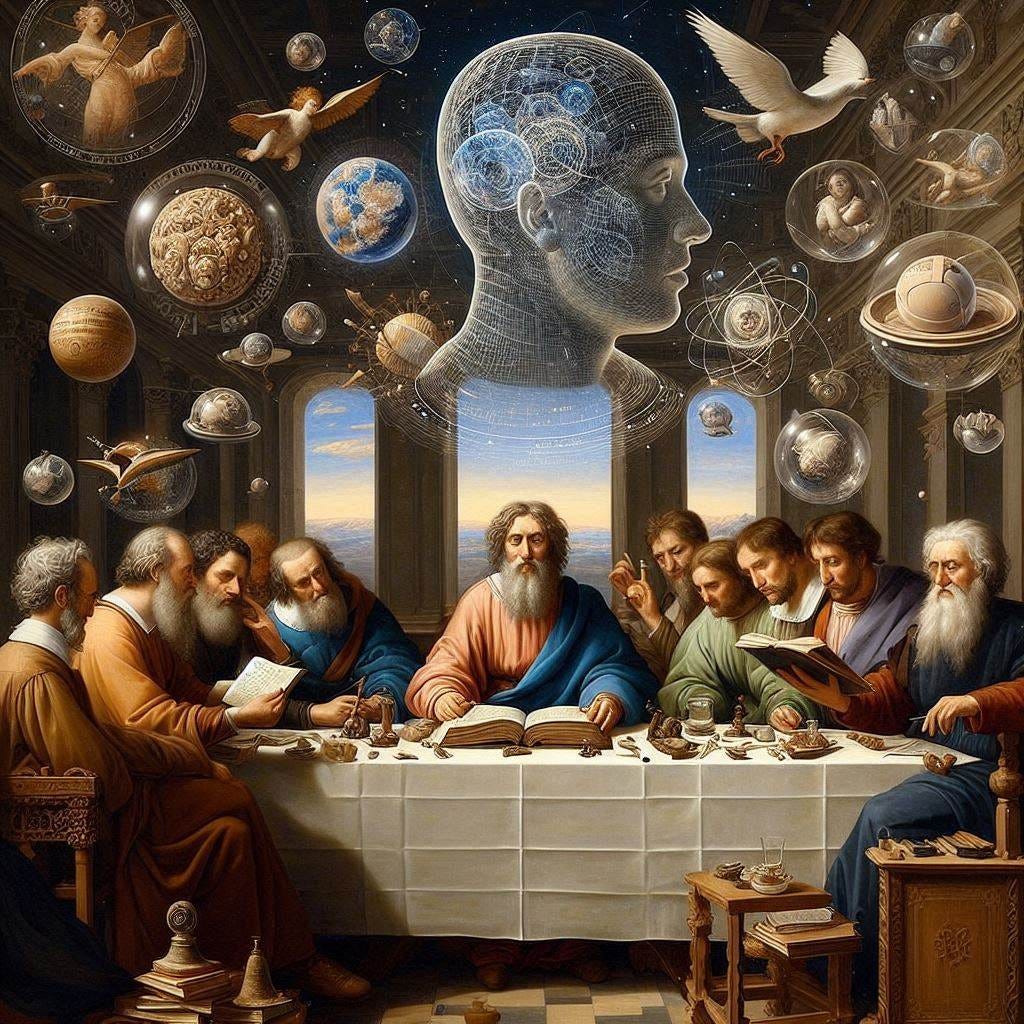 A philospher at a table reading with features of GPT, OpenAI and scholar setting in the renaissance