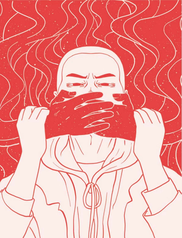 a graphic of a person struggling to release omnious hands from covering their mouth.