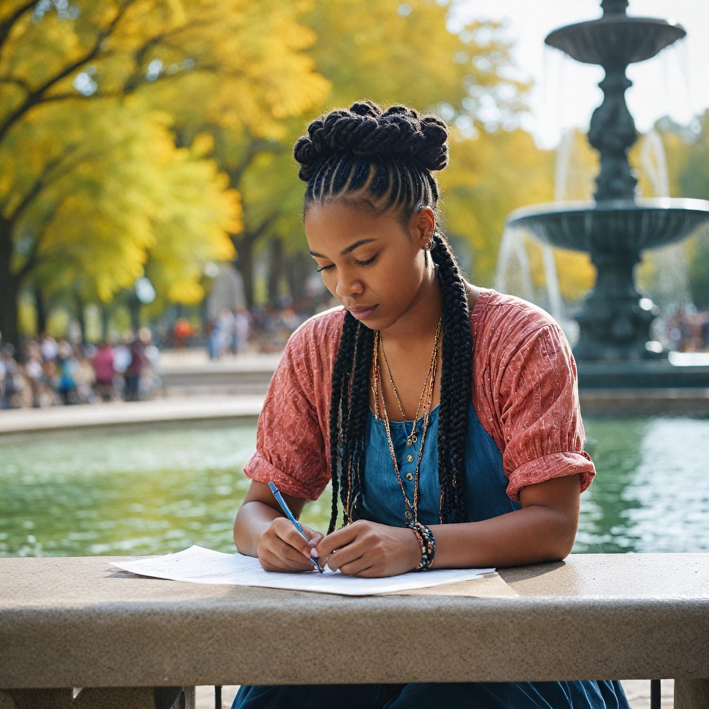 AModern Black woman with braids writing a letter, with color clothes, only 5 fingers per hand, outside in park in front of a fountain