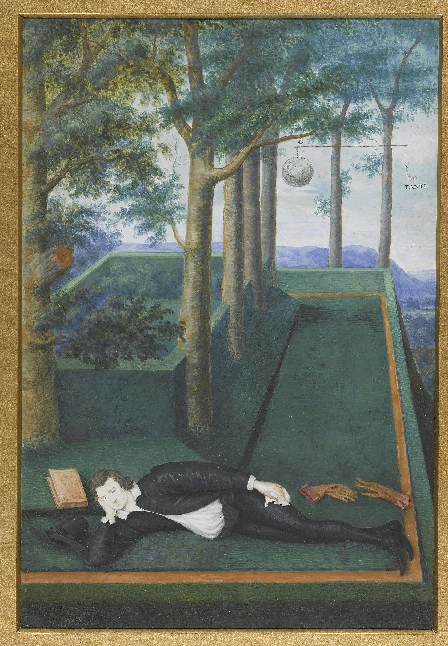 A young nobleman in black lies on the grass of a walled garden, propped on one elbow, his shirt open and a book beside him, while a small balance hangs from a tree branch above.