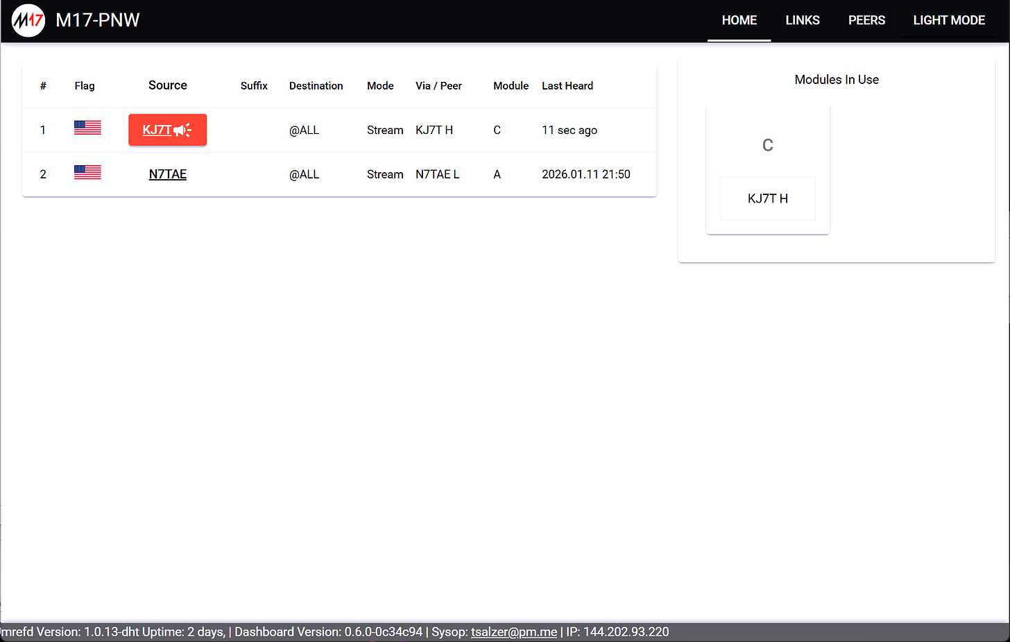 M17-PNW dashboard verifies the reflector is functioning
