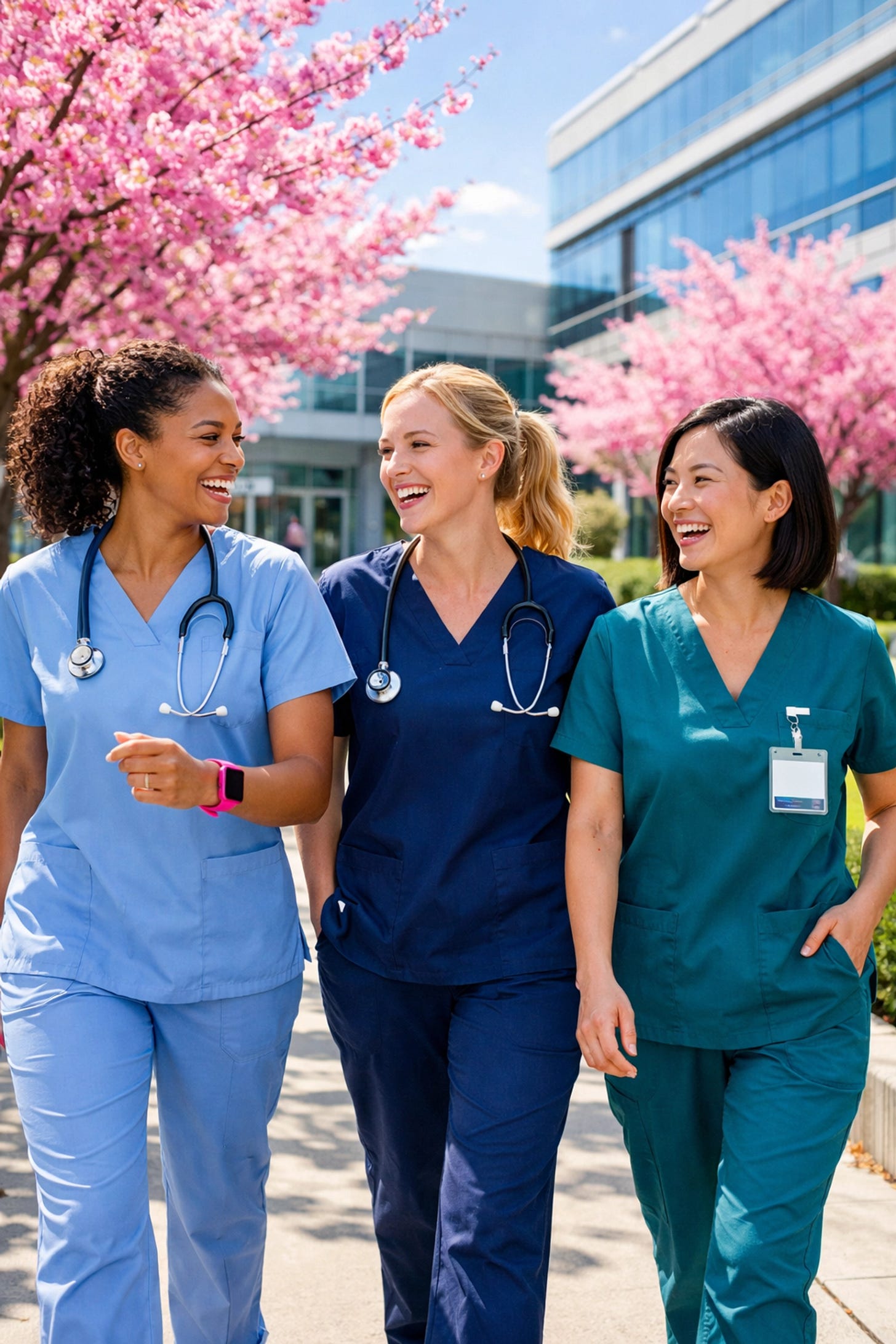Diverse nurses walking and laughing under blooming spring trees outside a modern medical center.