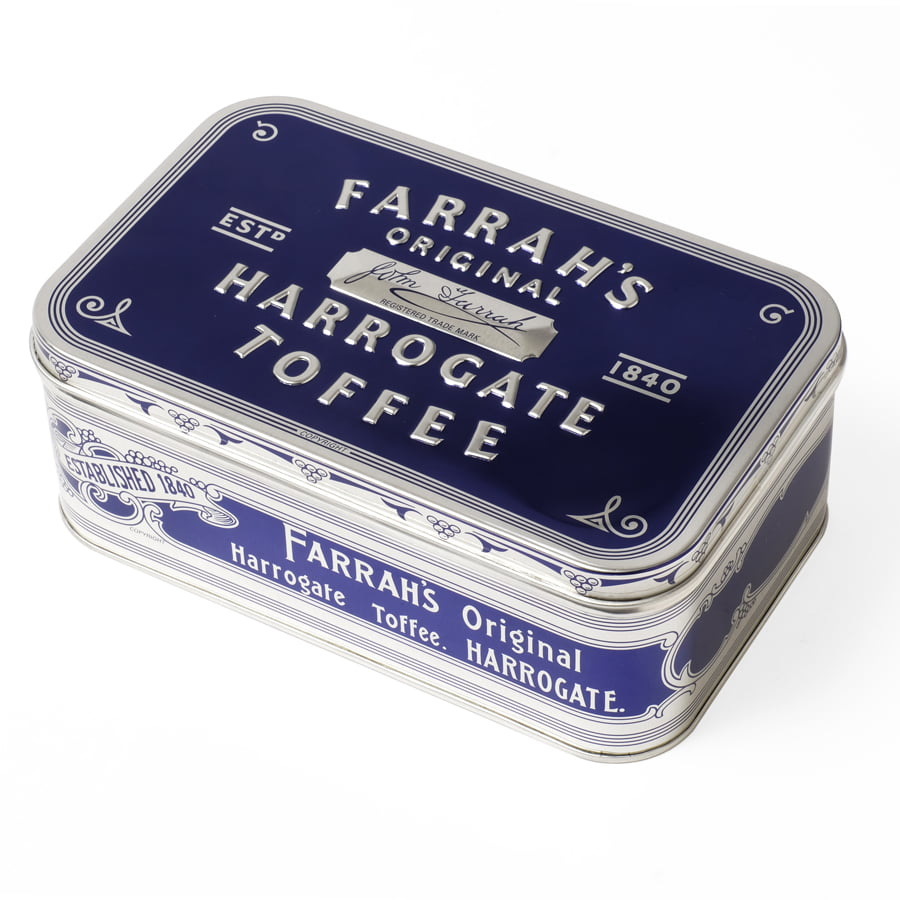 A blue and silver tin labelled 'Farrah's Original Harrogate Toffee'. 