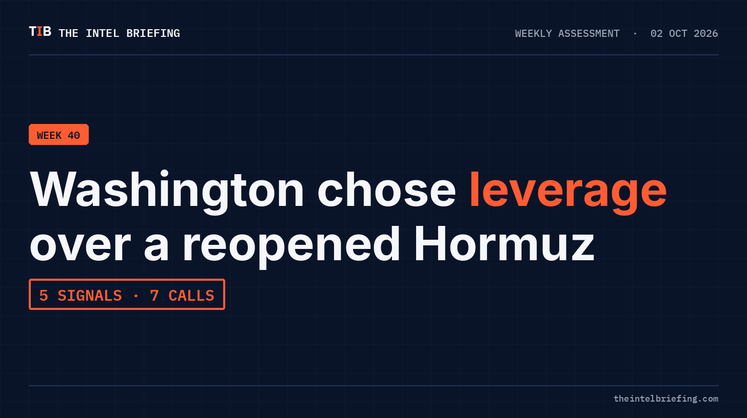 Weekly Assessment: Washington chose leverage over a reopened Hormuz. 5 signals, 7 calls Weekly Assessment: Washington chose leverage over a reopened Hormuz. 5 signals, 7 calls
