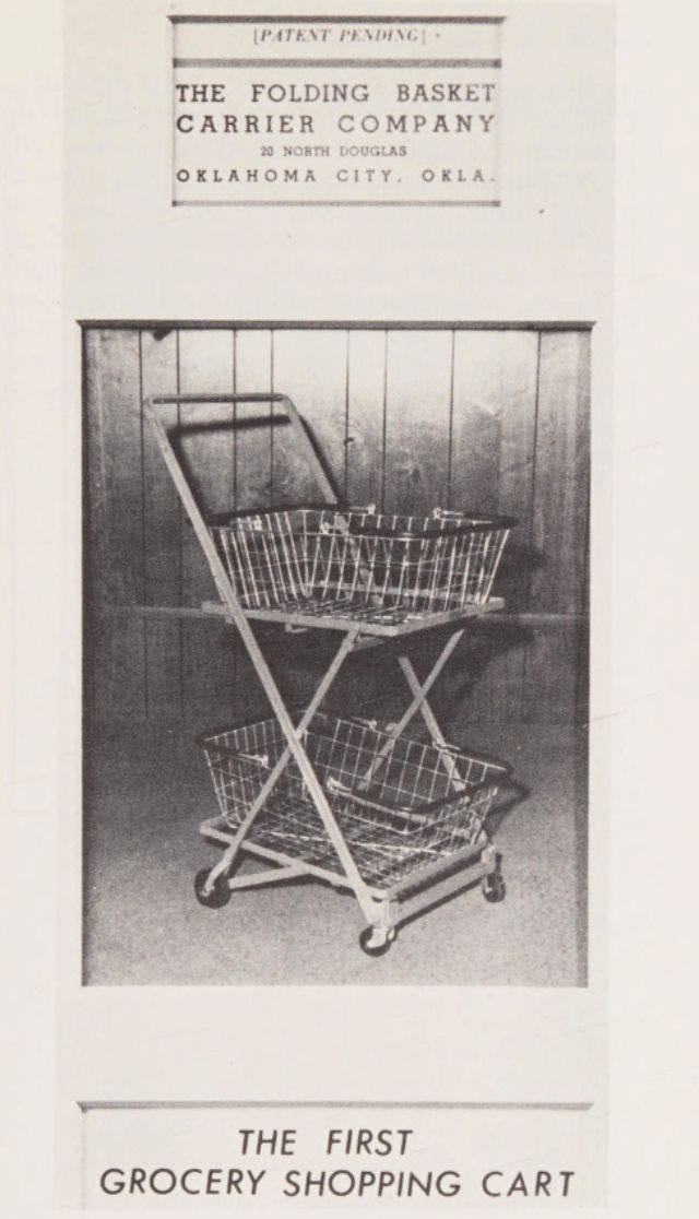 This may contain: the first grocery shopping cart from the folding basket carrier company