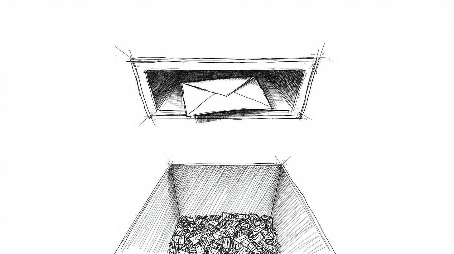 Envelope dropping through a mail slot into an endless bottomless void