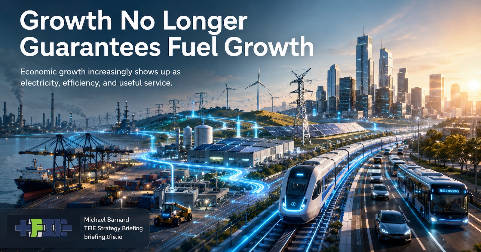 Hero graphic showing a growing city, port, grid, rail, buses, electric vehicles, renewables, and electric infrastructure replacing a fossil-heavy industrial backdrop.