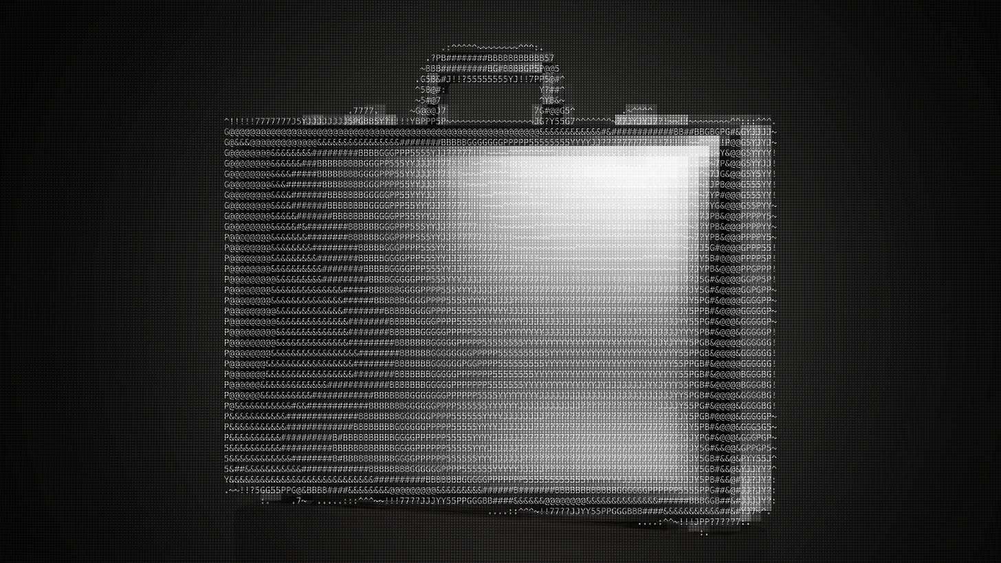 Illustration of a pixelated briefcase with ASCII art overlaid on top. 