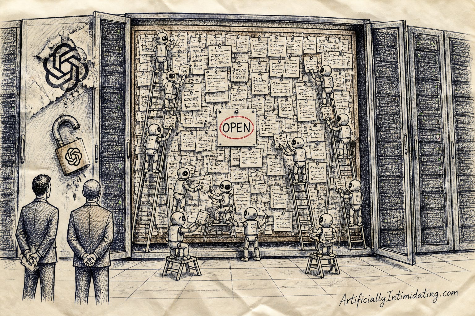 Editorial cartoon: small identical robots on stepladders pin hundreds of overlapping notes to an enormous bulletin board hidden behind server racks, past a snapped padlock and a cracked OpenAI seal, while two men in suits stand outside facing the wrong way.