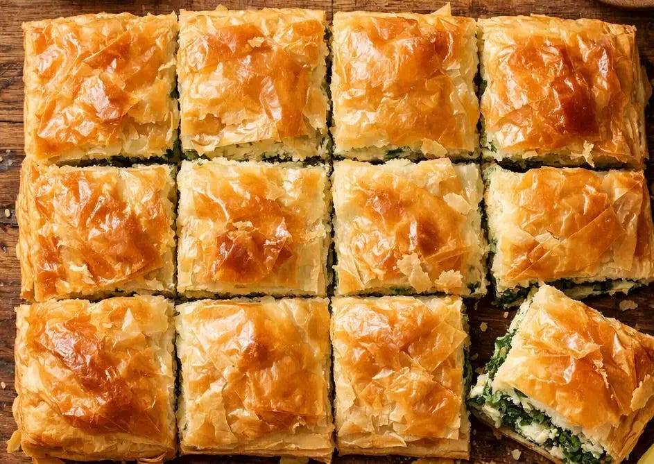 Fresh spanakopita Greek spinach pie on rustic wooden table - 263 calories per serving