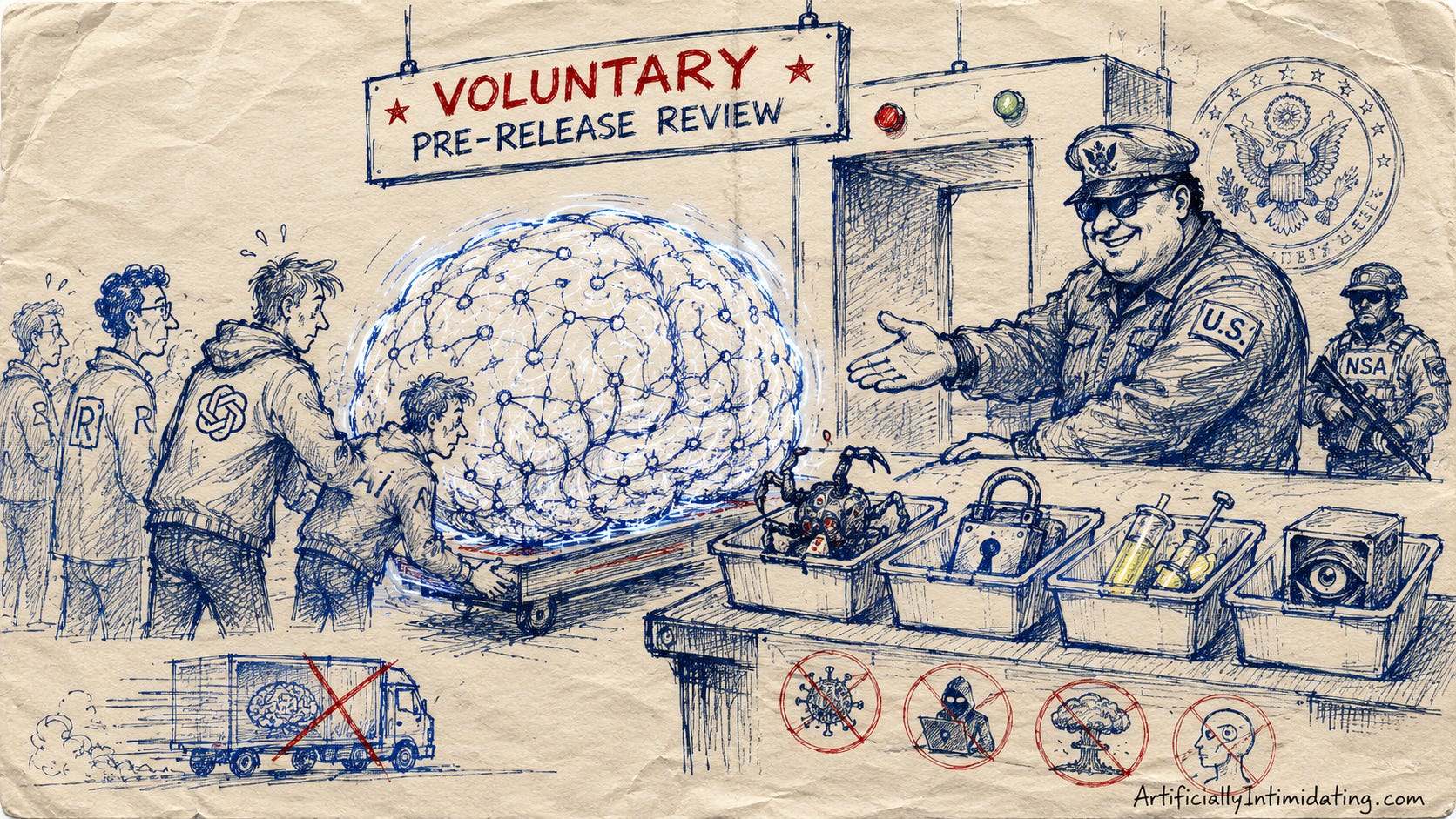 AI-generated hand-drawn editorial cartoon on crumpled paper showing nervous AI lab employees pushing a giant glowing AI brain through a TSA-style government checkpoint. A large smiling U.S. security officer gestures toward a scanner beneath a sign reading “Voluntary Pre-Release Review,” while an armed NSA guard stands nearby. Plastic bins hold dangerous-looking AI-related items like circuitry, syringes, and robotic parts. The illustration uses rough blue pen sketch lines with small red accents and includes the signature “ArtificiallyIntimidating.com.”