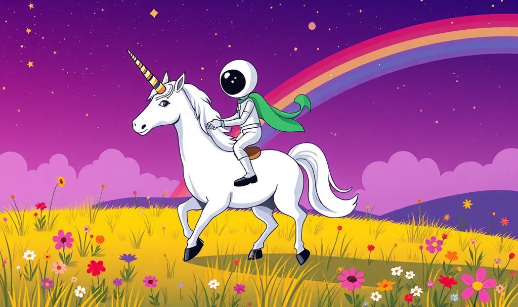 a cartoon-style image of a space alien riding on the back of a unicorn through a meadow with yellow grass and multi-colored wildflowers. In the background, the sky is a rich purple, with many stars and a rainbow.