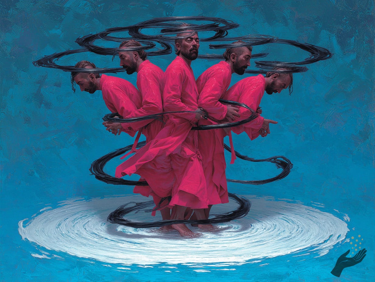 A group of repeated figures in bright pink robes stands back-to-back in shallow water while dark circular bands spiral around their bodies and above their heads.