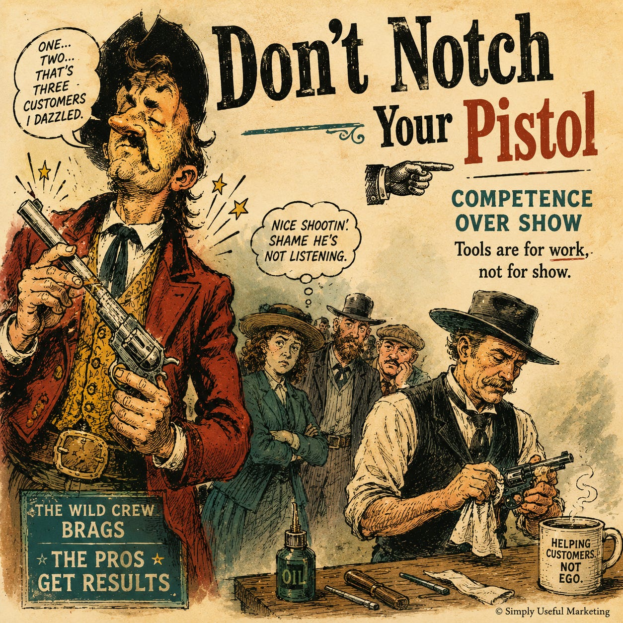 Vintage Western-style illustration showing a smug gunslinger carving notches into his pistol while ignoring skeptical customers behind him. Nearby, a calm professional cleans a revolver at a workbench, suggesting that competence matters more than showmanship.