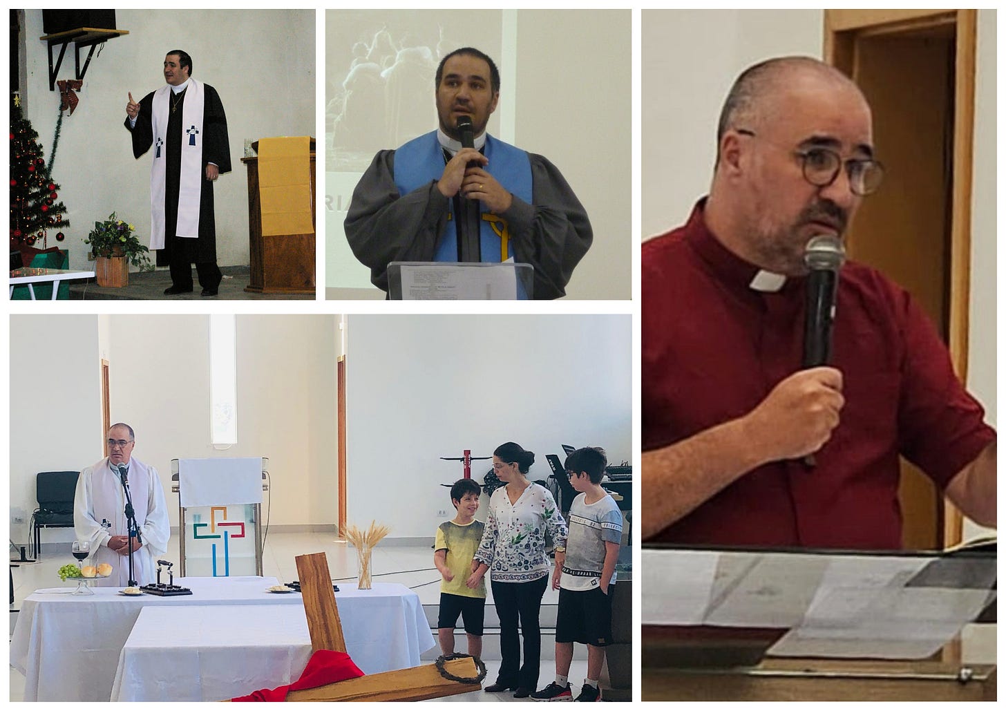 A imagem é uma colagem composta por quatro fotografias, todas tiradas durante um evento religioso cristão, provavelmente uma celebração em uma igreja. Cada foto mostra um momento diferente da cerimônia, com destaque para os líderes religiosos e os participantes. Parte superior esquerda: Um homem está em pé, vestindo uma túnica branca com detalhes pretos. Ele parece estar pregando ou falando ao público. Atrás dele há uma árvore de Natal decorada e uma tela de projeção, sugerindo que o evento ocorre próximo ao Natal. O ambiente é iluminado e transmite uma atmosfera solene e festiva. Parte superior central: Outro homem aparece, desta vez com uma túnica cinza e uma estola azul com detalhes amarelos. Ele segura um microfone e está falando, provavelmente conduzindo parte da cerimônia. Parte inferior esquerda: Um homem de túnica branca está atrás de uma mesa com símbolos religiosos: uma cruz, um cálice e pães, representando elementos da Santa Ceia. Diante da mesa, estão uma mulher e duas crianças. A cena transmite união e espiritualidade familiar. Parte inferior direita: Um homem veste uma camisa clerical vermelha com colarinho branco, típica de líderes religiosos. Ele fala ao microfone, posicionado atrás de um púlpito com papéis sobre ele. A expressão é séria e concentrada, indicando que está conduzindo uma parte importante do culto.