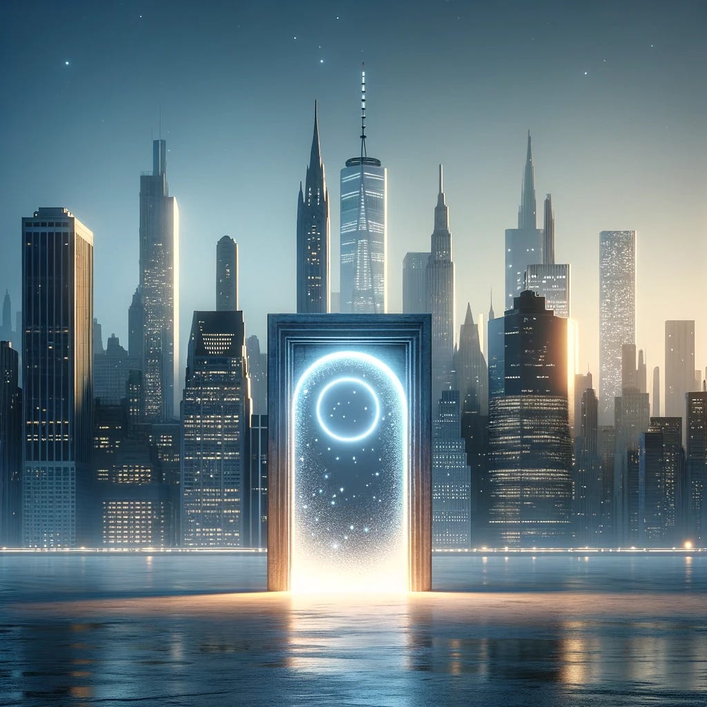 A photo-realistic depiction of a minimalistic New York City skyline at dusk, with iconic buildings and a glowing, ethereal door standing prominently against the backdrop. The door symbolizes a magical gateway, akin to the Room of Requirement. The scene is bathed in shades of blue and grey, with the door emitting a warm, inviting glow, suggesting a bridge between reality and magical or futuristic realms. A photo-realistic depiction of a minimalistic New York City skyline at dusk, with iconic buildings and a glowing, ethereal door standing prominently against the backdrop. The door symbolizes a magical gateway, akin to the Room of Requirement. The scene is bathed in shades of blue and grey, with the door emitting a warm, inviting glow, suggesting a bridge between reality and magical or futuristic realms.