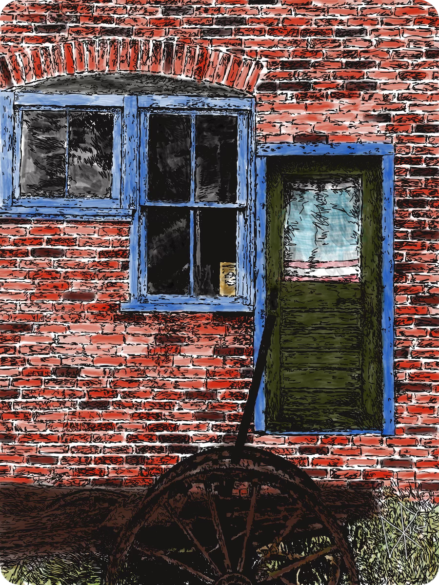 A wooden wagon chassis in a historic heritage site. Behind the chassis is a brick building. Sketch art by Don Rice. A wooden wagon chassis in a historic heritage site. Behind the chassis is a brick building. Sketch art by Don Rice.